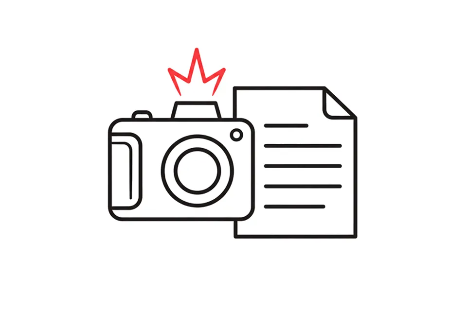 Symbolgrafik einer Kamera mit Blitz und Dokument, Konzept für Fotografie und Medien.