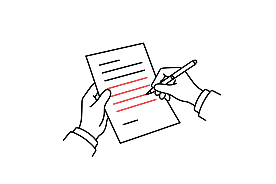Illustration einer Hand, die mit einem Stift einen Vertrag mit wichtigen Textstellen markiert.