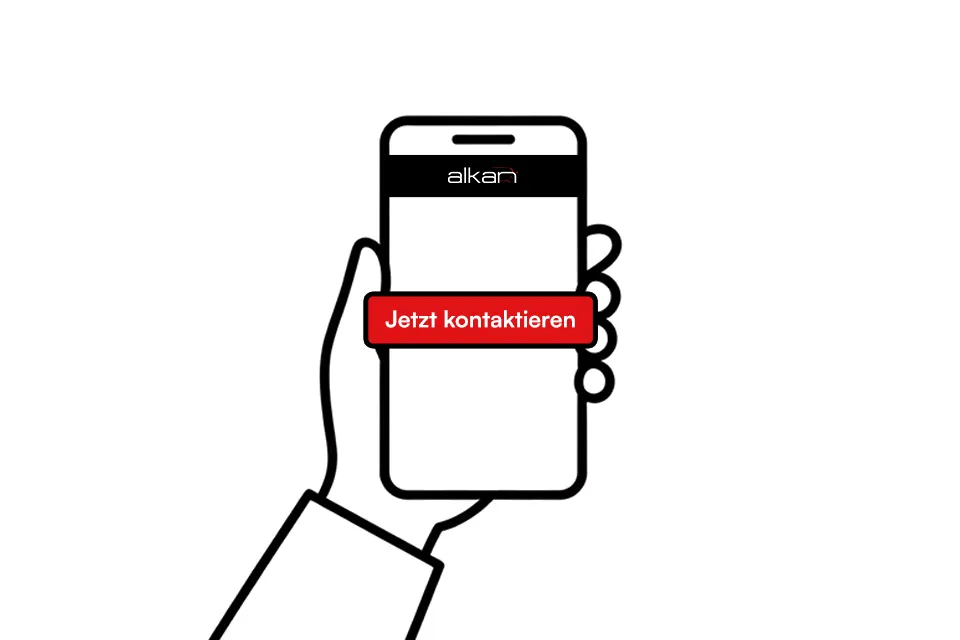 Illustration einer Hand, die ein Smartphone mit Kontakt-Button und alkan-Logo hält.